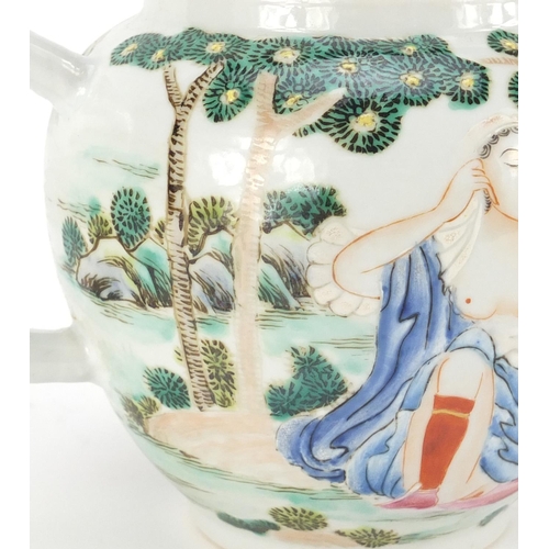 305 - Chinese porcelain teapot, hand painted with two nude European females in a landscape, 14cm high