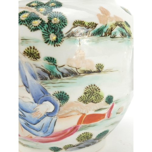 305 - Chinese porcelain teapot, hand painted with two nude European females in a landscape, 14cm high