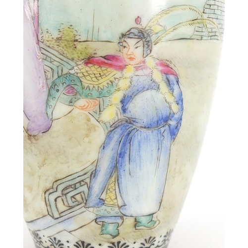 312 - Chinese porcelain vase, hand painted in the famille rose palette with an Emperor in a palace, callig... 