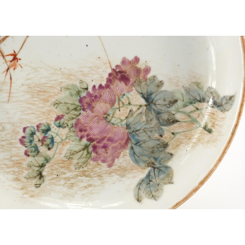 319 - Chinese porcelain shallow dish, hand painted in the famille rose palette with a kingfisher beside fl... 