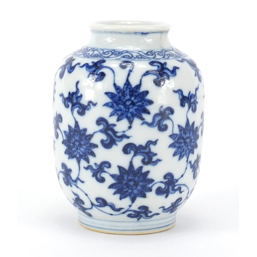 320 - Chinese blue and white porcelain vase, finely hand painted with flower heads and foliage, six figure... 