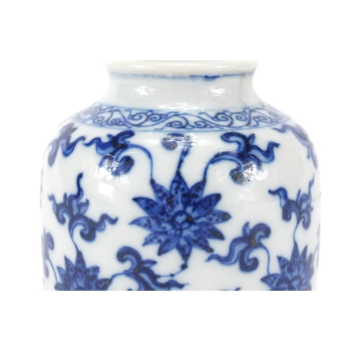 320 - Chinese blue and white porcelain vase, finely hand painted with flower heads and foliage, six figure... 