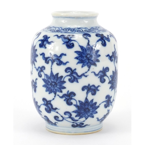 320 - Chinese blue and white porcelain vase, finely hand painted with flower heads and foliage, six figure... 