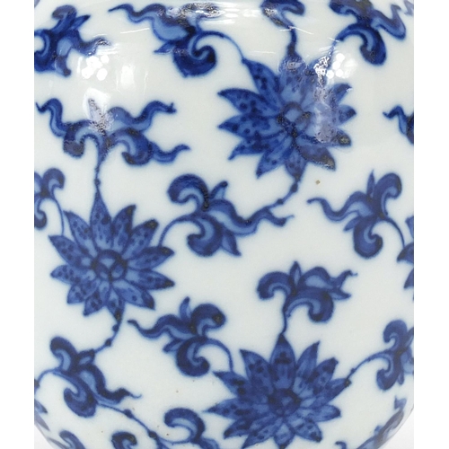 320 - Chinese blue and white porcelain vase, finely hand painted with flower heads and foliage, six figure... 