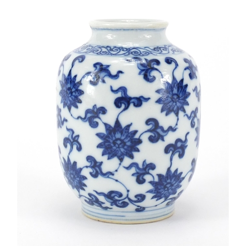 320 - Chinese blue and white porcelain vase, finely hand painted with flower heads and foliage, six figure... 