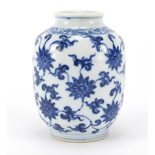 320 - Chinese blue and white porcelain vase, finely hand painted with flower heads and foliage, six figure... 