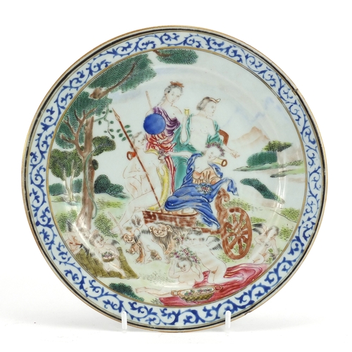 325 - Chinese porcelain plate, finely hand painted in the famille rose palette with European figures in a ... 