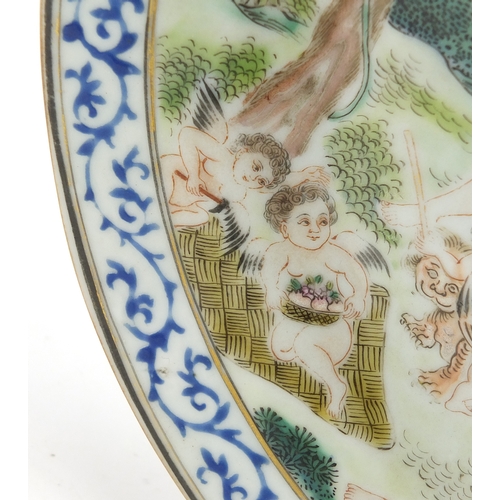 325 - Chinese porcelain plate, finely hand painted in the famille rose palette with European figures in a ... 