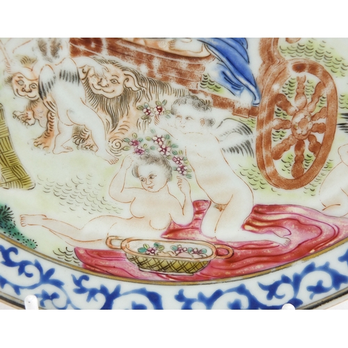 325 - Chinese porcelain plate, finely hand painted in the famille rose palette with European figures in a ... 