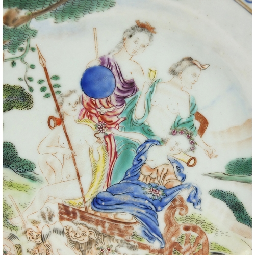 325 - Chinese porcelain plate, finely hand painted in the famille rose palette with European figures in a ... 