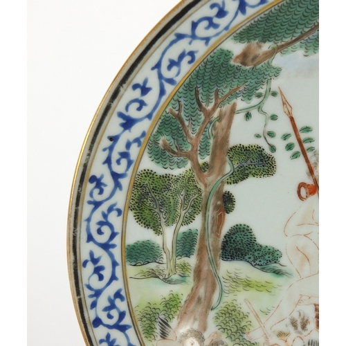 325 - Chinese porcelain plate, finely hand painted in the famille rose palette with European figures in a ... 