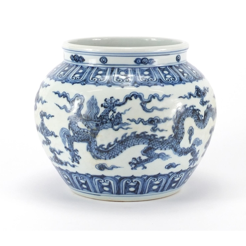 330 - Chinese blue and white porcelain jar, hand painted with dragons amongst clouds within rui head borde... 