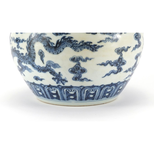 330 - Chinese blue and white porcelain jar, hand painted with dragons amongst clouds within rui head borde... 