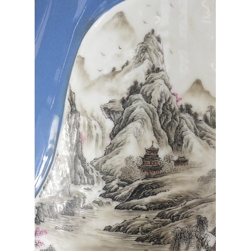 331 - Large Chinese porcelain arrow vase, finely hand painted with two panels of mountainous river landsca... 