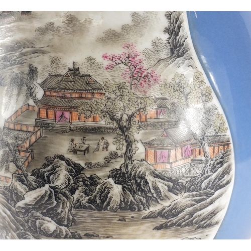 331 - Large Chinese porcelain arrow vase, finely hand painted with two panels of mountainous river landsca... 