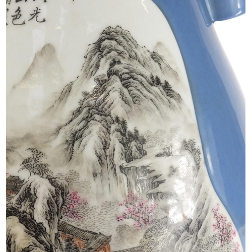 331 - Large Chinese porcelain arrow vase, finely hand painted with two panels of mountainous river landsca... 