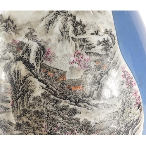 331 - Large Chinese porcelain arrow vase, finely hand painted with two panels of mountainous river landsca... 