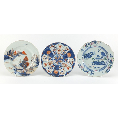 334 - Three Chinese porcelain plates including two hand painted with river landscapes, the largest 23cm in... 