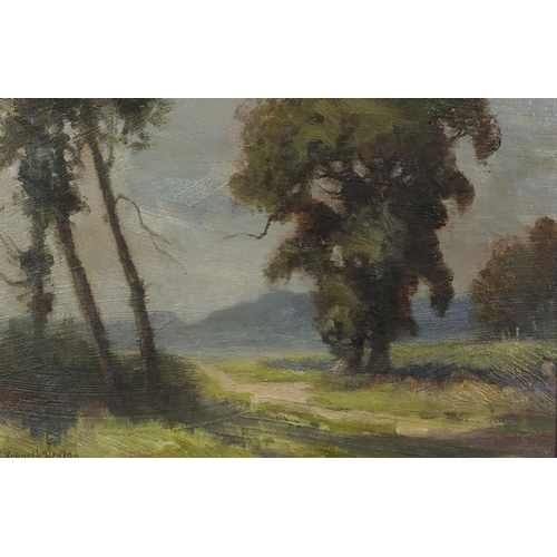38 - Kenneth Denton - The Country Path, oil onto board, labelled verso, mounted and framed, 28.5cm x 18.5... 