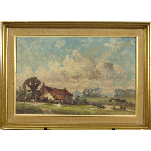 75 - Kenneth Denton - Norfolk Cottages, oil onto board, inscribed verso, mounted and framed, 36cm x 23.5c... 