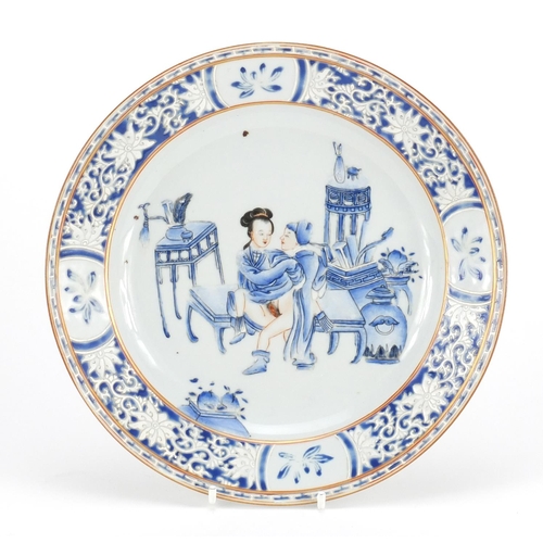 340 - Chinese porcelain plate hand painted with an erotic couple, 23cm in diameter