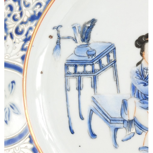 340 - Chinese porcelain plate hand painted with an erotic couple, 23cm in diameter