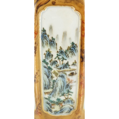 344 - Chinese porcelain vase with octagonal body, finely hand painted with panels of river landscapes and ... 