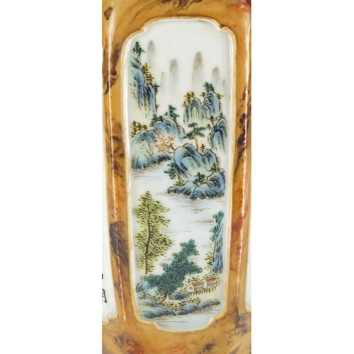 344 - Chinese porcelain vase with octagonal body, finely hand painted with panels of river landscapes and ... 