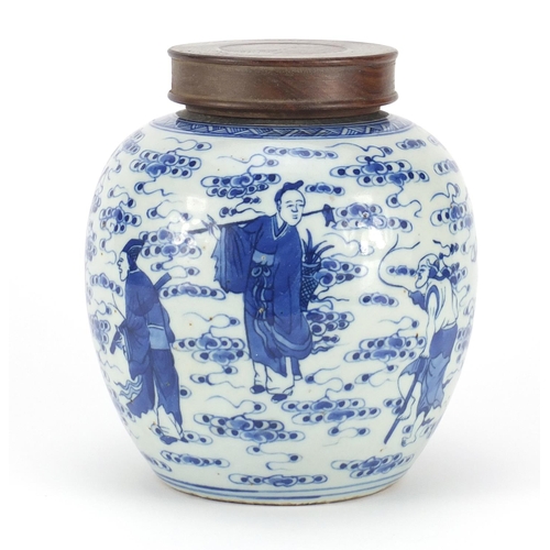 355 - Chinese blue and white porcelain ginger jar with hardwood lid, hand painted with eight figures among... 