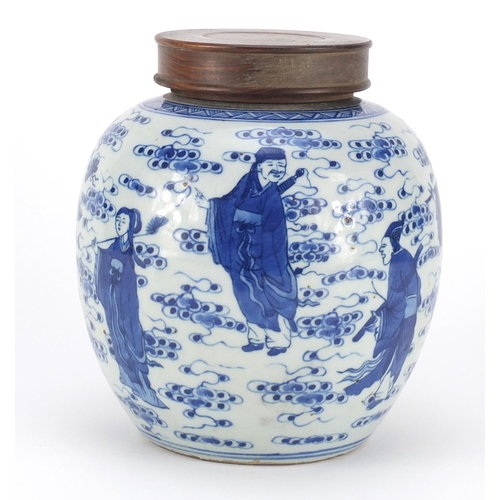 355 - Chinese blue and white porcelain ginger jar with hardwood lid, hand painted with eight figures among... 