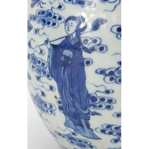 355 - Chinese blue and white porcelain ginger jar with hardwood lid, hand painted with eight figures among... 