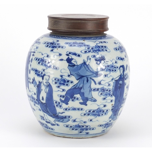 355 - Chinese blue and white porcelain ginger jar with hardwood lid, hand painted with eight figures among... 