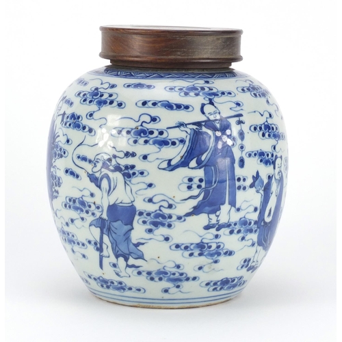 355 - Chinese blue and white porcelain ginger jar with hardwood lid, hand painted with eight figures among... 