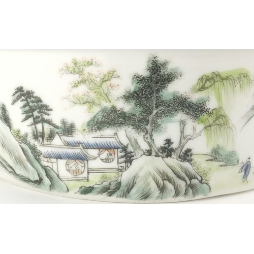 356 - Chinese porcelain pot and cover, hand painted in the famille rose palette with a river landscape wit... 