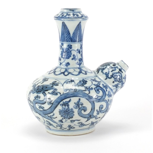 357 - Chinese blue and white porcelain Kendi, hand painted with two dragons amongst flower and foliage, 22... 