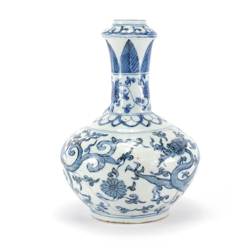 357 - Chinese blue and white porcelain Kendi, hand painted with two dragons amongst flower and foliage, 22... 