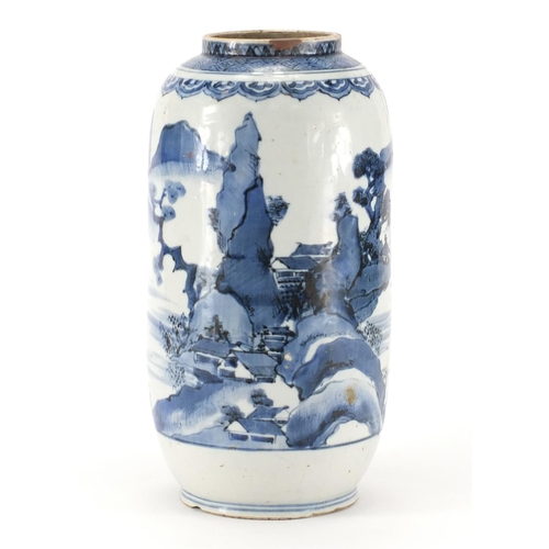 360 - Chinese blue and white porcelain vase, hand painted with a continuous river landscape, 30.5cm high