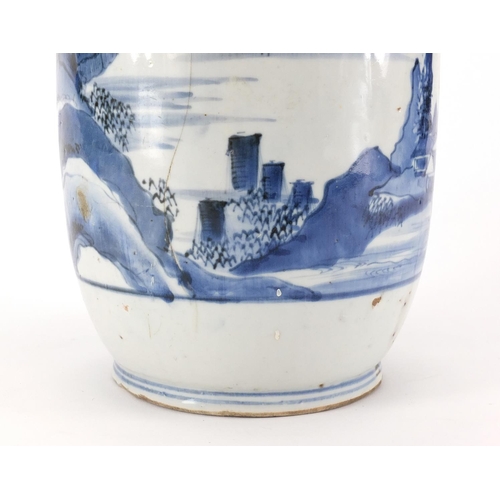 360 - Chinese blue and white porcelain vase, hand painted with a continuous river landscape, 30.5cm high