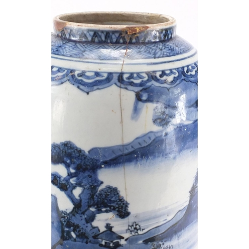 360 - Chinese blue and white porcelain vase, hand painted with a continuous river landscape, 30.5cm high