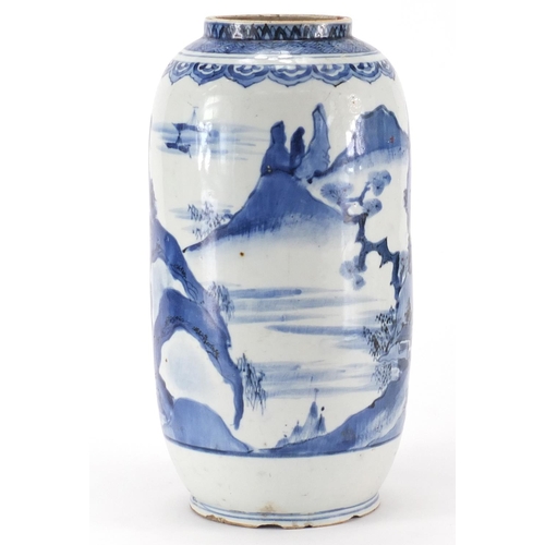 360 - Chinese blue and white porcelain vase, hand painted with a continuous river landscape, 30.5cm high