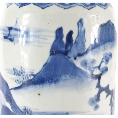 360 - Chinese blue and white porcelain vase, hand painted with a continuous river landscape, 30.5cm high