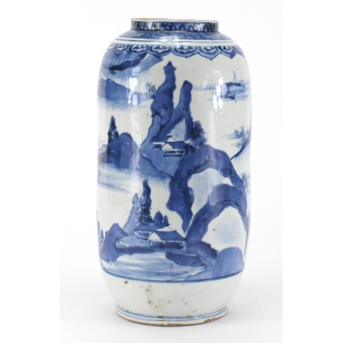 360 - Chinese blue and white porcelain vase, hand painted with a continuous river landscape, 30.5cm high