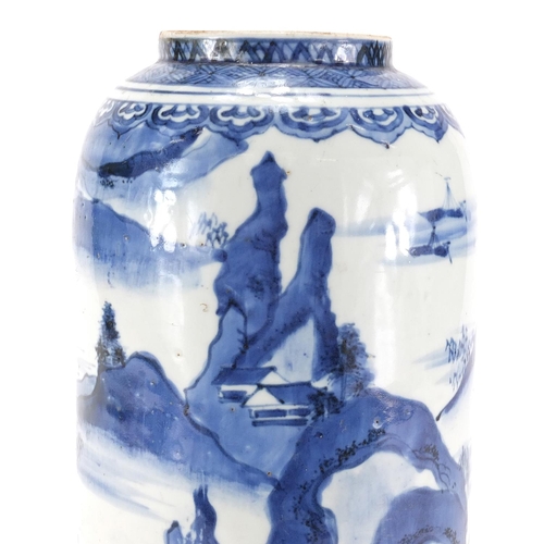 360 - Chinese blue and white porcelain vase, hand painted with a continuous river landscape, 30.5cm high