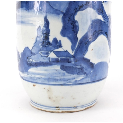 360 - Chinese blue and white porcelain vase, hand painted with a continuous river landscape, 30.5cm high