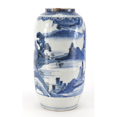 360 - Chinese blue and white porcelain vase, hand painted with a continuous river landscape, 30.5cm high