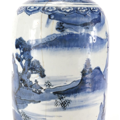 360 - Chinese blue and white porcelain vase, hand painted with a continuous river landscape, 30.5cm high