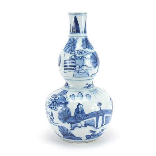 366 - Chinese blue and white porcelain double gourd vase, hand painted with figures in a landscape, 29.5cm... 