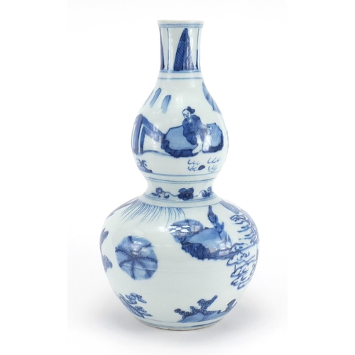 366 - Chinese blue and white porcelain double gourd vase, hand painted with figures in a landscape, 29.5cm... 