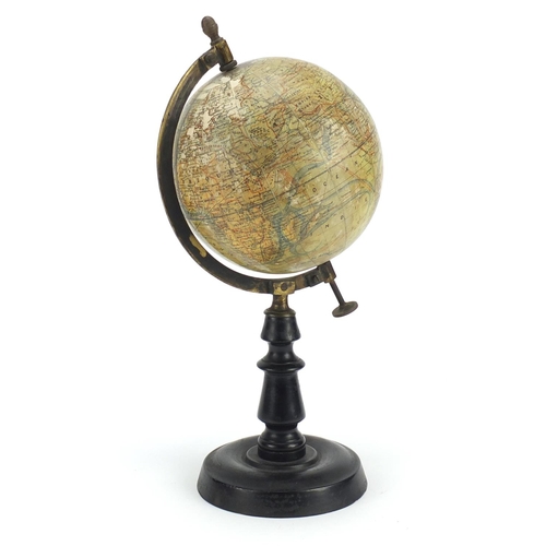 47 - French terrestrial desk globe with ebonised stand, 37cm high