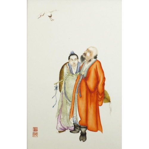 367 - Chinese porcelain panel housed in a hardwood frame, finely hand painted with two figures watching a ... 